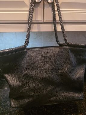 Tory Burch Black Pebbled Leather Satchel with Braided Handles